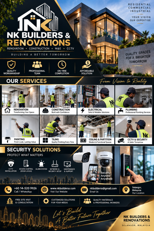 Residential & Commercial Renovation and Construction Work
Tiling, Ceiling & Electrical Installation Work
CCTV & Security, Painting and Plumbing Services
