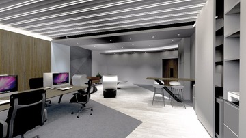 A sleek and modern office space by LM Studio, showcasing an elegant gray and white color palette accented with warm wood tones. The layout includes ergonomic chairs, streamlined desks with high-end monitors, ambient lighting from a unique linear suspension, and a cozy meeting area, harmoniously combining functionality and style—perfect inspiration for a contemporary Malaysian office interior design project.