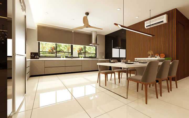 This elegant dining space by MOUS DESIGN showcases a polished contemporary and modern style from their Quas Residence 2 portfolio. The room is bathed in natural light, highlighting the Muji-inspired white and wood theme. A sleek wooden slat wall panel pairs with a minimalist white dining set, creating a serene, welcoming atmosphere that epitomizes modern elegance with a nod to nature, perfect for interior design enthusiasts appreciating clean lines and bright spaces.