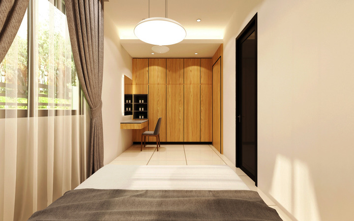 An exquisitely designed contemporary bedroom from MOUS DESIGN's Quas Residence 2. The modern minimalism is evident with white walls contrasting with warm wooden accents. A sleek built-in wooden wardrobe and a minimalist study area showcase seamless function and form. The Muji-inspired aesthetic is illuminated by natural light, while sheer curtains offer a serene, airy ambiance, reflecting the album's promise of a bright, elegant home with a minimalist's touch.