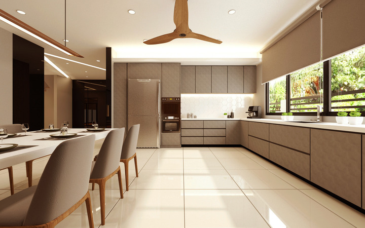 This image showcases a sleek contemporary kitchen from MOUS DESIGN's Quas Residence 2 project, featuring a modern white and wood theme. Clean lines dominate the space, with a minimalist Muji-inspired aesthetic. A wooden ceiling fan adds a warm, natural touch above the elongated dining table flanked by chic taupe chairs. The well-lit room with large windows invites an abundance of natural light, highlighting the cabinetry's craftsmanship and serene, elegant vibe for a true minimalist sanctuary.