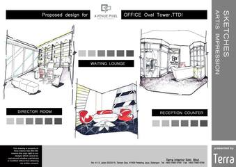 This conceptual sketch by Terra Interior Design from their 'Main Services' portfolio showcases a sleek office environment, blending modern aesthetics and practicality. Featured is a waiting lounge with minimalist furniture and a vibrant color accent, a director’s room that exudes professionalism with its clean lines and muted palette, and a welcoming reception counter highlighted by creative lighting—displaying Terra's skill in crafting spaces that serve both business goals and design excellence in a workspace setting.