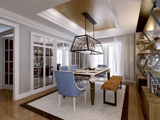 An elegant dining room designed by Ark Studio showcases a luxurious Simple-Euro style with a modern twist, as featured in their 'Sun Villa Garden Residential' portfolio. The room is defined by a harmonious greyish monochrome color scheme, accentuated by high-end accessories, such as a statement light fixture adding a touch of grandeur. Clean lines, plush blue chairs, and wood accents complement the villa's mansion-like ambience aimed at enhancing a magnificent lifestyle.