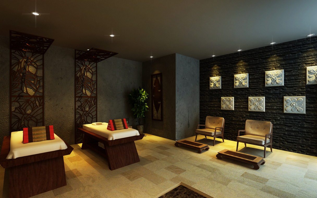 This serene interior, crafted by Studio BEVD Sdn Bhd, showcases a traditional Thai Lanna-inspired design within HealthLand Signature at Sunway Pyramid. The space blends wooden accents, warm lighting, and carved wall décor to evoke holistic tranquility. Notice the elegantly appointed massage beds and tasteful seating that complement the spa's therapeutic offerings, enveloping visitors in a revitalizing, culturally rich ambiance. The interior reflects a synthesis of classic aesthetics and contemporary comfort, ideal for relaxation seekers.