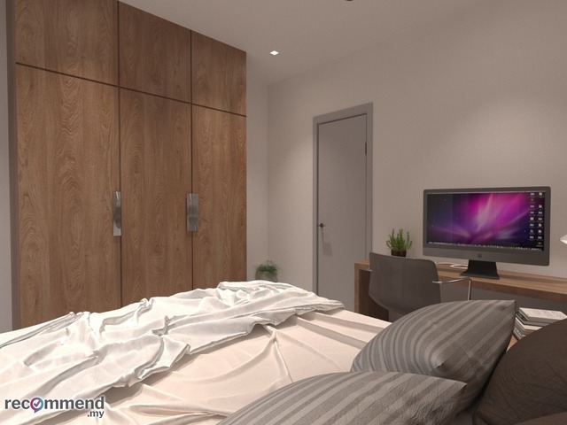 This R Works-designed bedroom, featured in the RIMBAYU album, showcases a modern contemporary style with a warm, minimalist atmosphere. Strategically integrated within the space are clean lines, a neutral color palette of whites and beiges, and an emphasis on natural wood textures. The streamlined furniture and smart placement of lush greenery complement the room's serene vibe, while the sleek computer on the desk hints at functionality within this tranquil retreat.