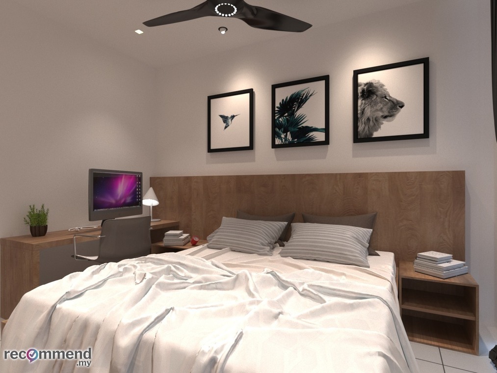 This sleek bedroom, designed by R Works, is part of the RIMBAYU collection, showcasing contemporary, modern aesthetics. It features a serene neutral color palette, accentuated by stylish wooden headboard and chic framed animal artwork, which brings a touch of nature indoors. Functional elements include a ceiling fan and a well-positioned study desk with a computer, complemented by thoughtfully arranged indoor plants, adding a fresh, lively ambience to the room.