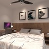 This sleek bedroom, designed by R Works, is part of the RIMBAYU collection, showcasing contemporary, modern aesthetics. It features a serene neutral color palette, accentuated by stylish wooden headboard and chic framed animal artwork, which brings a touch of nature indoors. Functional elements include a ceiling fan and a well-positioned study desk with a computer, complemented by thoughtfully arranged indoor plants, adding a fresh, lively ambience to the room.