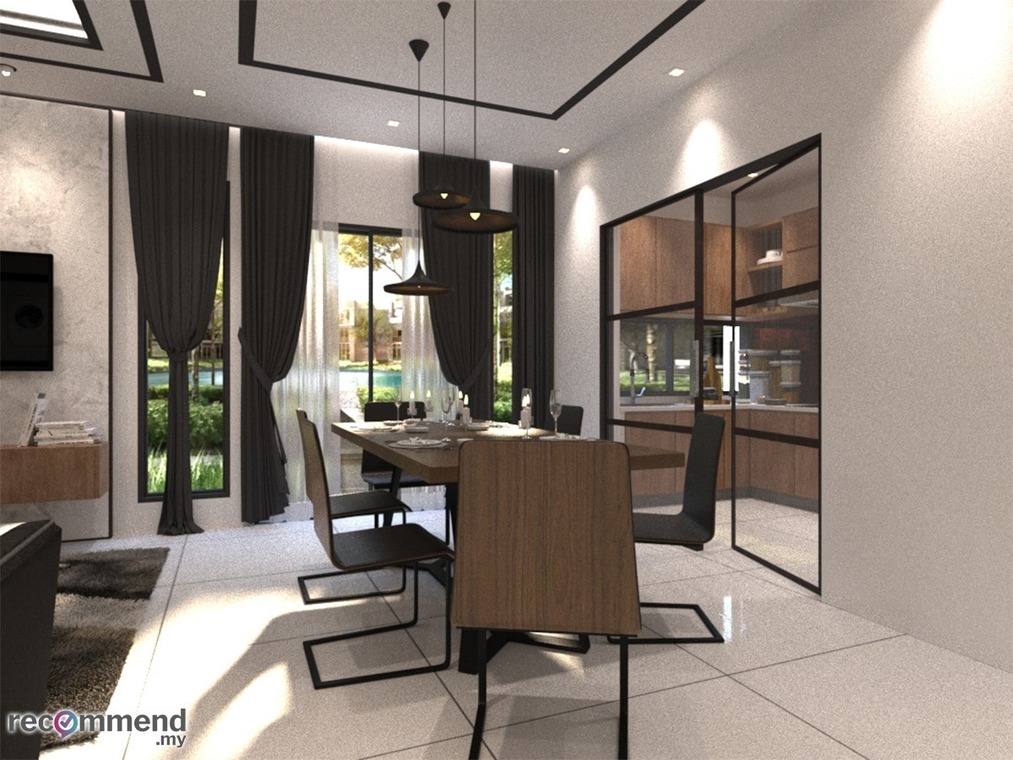 Modern interior design by R Works from the RIMBAYU collection showcasing a contemporary dining space with sleek furniture and a monochromatic color palette. The room features an elegant wooden dining table, black chairs, pendant lighting, and floor-to-ceiling windows draped with charcoal curtains, complemented by a sophisticated glass cabinet.
