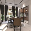 Modern interior design by R Works from the RIMBAYU collection showcasing a contemporary dining space with sleek furniture and a monochromatic color palette. The room features an elegant wooden dining table, black chairs, pendant lighting, and floor-to-ceiling windows draped with charcoal curtains, complemented by a sophisticated glass cabinet.