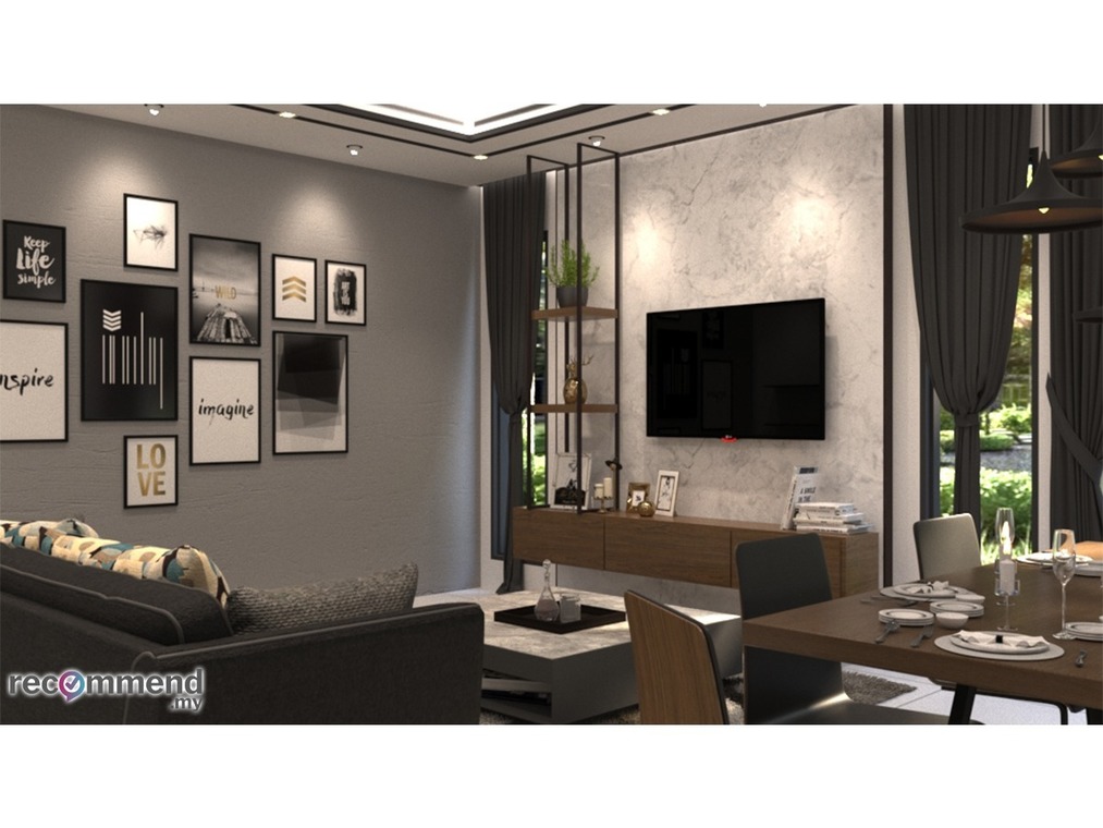 This elegantly designed room by R Works, part of their RIMBAYU collection, features a contemporary, modern theme with a monochromatic color palette. The living space boasts stylish furnishings highlighted by a collection of chic wall art, well-coordinated with sleek, minimalist dining furniture. The room seamlessly blends comfort with sophistication, perfect for a modern Malaysian home looking for a touch of class in interior design.