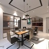 This elegant dining room design by R Works, captured from their 'RIMBAYU' portfolio, showcases a modern contemporary style with clean lines and neutral tones accented by black and teal decor. The space exudes sophistication with its sleek black dining chairs, unique pendant lighting, and touches of natural wood, ideal for those seeking inspirational home decor in Malaysia.