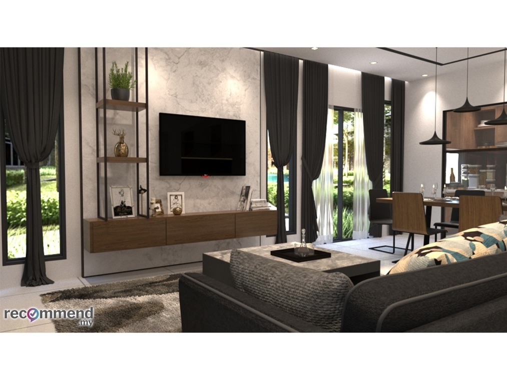 This elegant living room by R Works showcases a contemporary modern design, part of their RIMBAYU album. The space is beautifully coordinated with neutral tones and pops of green, featuring sleek furniture with clean lines, a textured wall accent, and flowing dark curtains. Strategic lighting and plush textiles create a cozy yet sophisticated atmosphere, perfect for those seeking stylish and comfortable home decor inspiration in Malaysia.