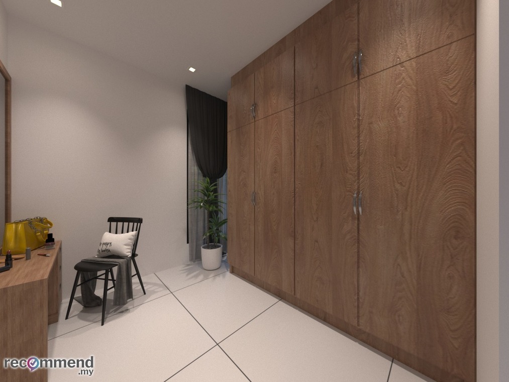 This modern interior by R Works exudes contemporary elegance with a minimalist vibe, featuring a sleek wood-finished wardrobe that dominates the space. The bold contrast of dark hues and white flooring adds depth, whilst the pops of yellow home decor inject vibrancy into the room. A strategically placed indoor plant introduces a touch of greenery, enhancing the room's fresh and sophisticated ambiance, perfectly encapsulated in the RIMBAYU album.