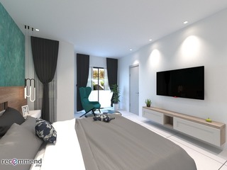 A sleek and stylish contemporary interior by R Works from their RIMBAYU portfolio, showcasing a modern living space with crisp white walls and warm wooden accents. The room blends minimalist design with comfort, including a plush teal armchair, sophisticated gray bedding, and a streamlined TV console that complements the serene ambiance. Large windows invite natural light, enhancing the tranquil, chic aesthetic typical of Malaysian modern home decor.