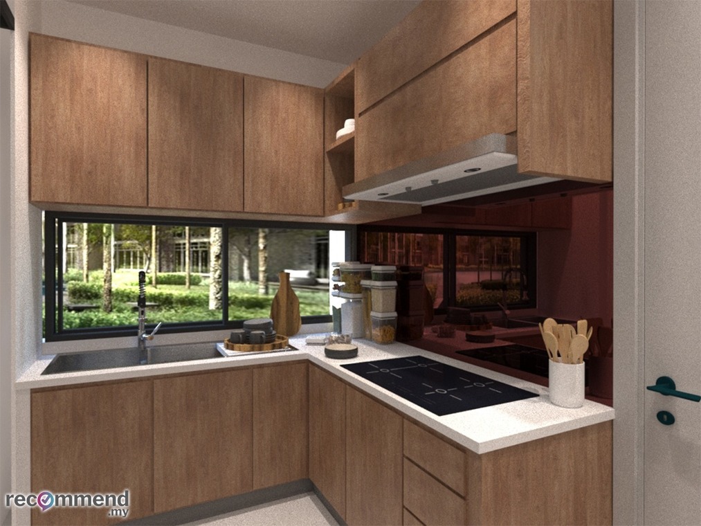 This contemporary kitchen, designed by R Works, showcases a sleek modern aesthetic as part of the RIMBAYU project in Malaysia. The space features warm wooden cabinetry paired with a clean-lined countertop and state-of-the-art appliances. A splash of vibrant color is introduced through a berry backsplash, adding depth to the room while a large window invites natural light, framing a serene outdoor view. Ideal for a modern home decor enthusiast seeking a functional yet stylish interior.