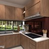 This contemporary kitchen, designed by R Works, showcases a sleek modern aesthetic as part of the RIMBAYU project in Malaysia. The space features warm wooden cabinetry paired with a clean-lined countertop and state-of-the-art appliances. A splash of vibrant color is introduced through a berry backsplash, adding depth to the room while a large window invites natural light, framing a serene outdoor view. Ideal for a modern home decor enthusiast seeking a functional yet stylish interior.