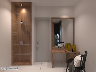R Works showcases a blend of contemporary and modern design in this RIMBAYU album interior, featuring a sleek entryway with crisp white walls and wood accented built-in shelving. The minimalist decor is complemented by a streamlined wooden console, ideal for a chic Malaysian home. Natural light accentuates the space's clean lines and tasteful aesthetic, appealing to those with a refined taste in home interiors.