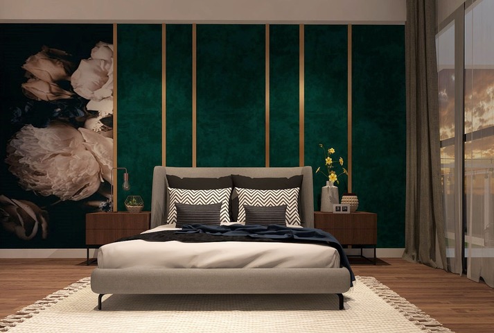 This elegant bedroom designed by AR Int Design Sdn Bhd presents a modern glam aesthetic featuring a bold emerald green velvet accent wall, offset by clean lines and sophisticated, urban chic decor. The contemporary space is complete with a minimalist bed, luxe geometric-patterned throw pillows, and an artistic floral wall mural, reflecting a ladylike edge that embodies the album's description of clean, glamorous, and fun home interior design.