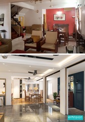 This 'Before and After' image showcases the transformation of a 3,300sqft terrace house by Envision Design Sdn Bhd, located in Bandar Utama. The renovated space flaunts a modern contemporary style, with a palette of white, grey, and wooden hues creating a sleek aesthetic. Notice the enlarged space featuring ample built-in storage, exemplifying the client's long-term storage needs. The contrasting red-tiled dry kitchen serves as a vibrant focal point, reflecting the owner's welcoming personality.