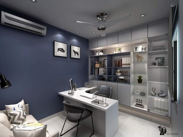 This contemporary home office by Your Planners (M) Sdn Bhd features a periwinkle blue palette, blending function with style in its 4600 sqft semi-detached Bandar Rimbayu project. Showcased in the "Periwinkle - 05 - 3d visual" album, the space boasts modern furnishings, open shelving, and a sleek, white desk. Ideal for interior design enthusiasts looking for inspiration, this 3D visualized room epitomizes comfortable sophistication. #ContemporaryDesign #HomeDecor #InteriorDesignMalaysia #YourPlanners