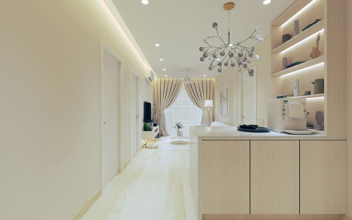 Chic minimalist Scandinavian design by MOUS DESIGN, featured in the Desa Sentralmas Apartment project. This inviting living space is adorned with a sleek, white storage unit and complementary light wood floors. Soft, warm lighting enhances the serene ambiance, while neutral-toned curtains add a touch of elegance. The room's clean lines and clutter-free surfaces embody the album's DESIGN & BUILT philosophy, showcasing a modern and tranquil urban home retreat.