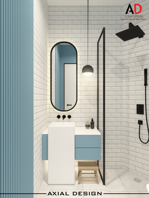 This serene bathroom by Axial Design Studio exemplifies Scandinavian simplicity, featuring a modern contemporary theme from their ECO HORIZON ASHTON collection. The space blends pale blue and white tones with natural wood accents, perfectly showcasing the clean lines and functional form of the vanity and shelving. A minimalist mirror, sleek black fixtures, and a hint of greenery complete the tranquil, clutter-free environment suited to those appreciative of understated elegance and thoughtful design.

For a more comprehensive look at Axial Design Studio's work on the ECO HORIZON ASHTON project, explore their portfolio at: [https://www.axial.design/eco-horizon-ashton](https://www.axial.design/eco-horizon-ashton).