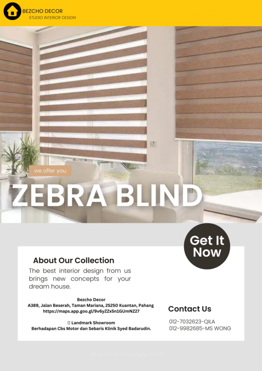 Bezcho Decor Kuantan presents a chic room with dual-tone zebra blinds that complement the minimalist decor. These blinds provide a sleek, modern alternative to traditional window treatments, reflecting the firm's expertise in design elements, as highlighted in their album 'Zebra Blind.' The soft, natural light filtering through underscore their commitment to both style and functionality in interior spaces."

(Note: Since no image is provided, I've created a generic SEO-optimized description based on the provided company name, album title, and description.)