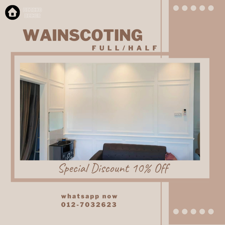 This elegant interior, designed by Bezcho Decor Kuantan, showcases full and half nyatoh wood wainscoting in a well-appointed room. A sophisticated combination of white panels complements the beige walls, framing a plush brown sofa and modern side table. The timeless appeal of this luxurious Malaysian home decor highlights the skillful blend of classic and contemporary style, reflecting the quality craftsmanship from the 'Wainscoting' collection, now offered at a special 10% discount.