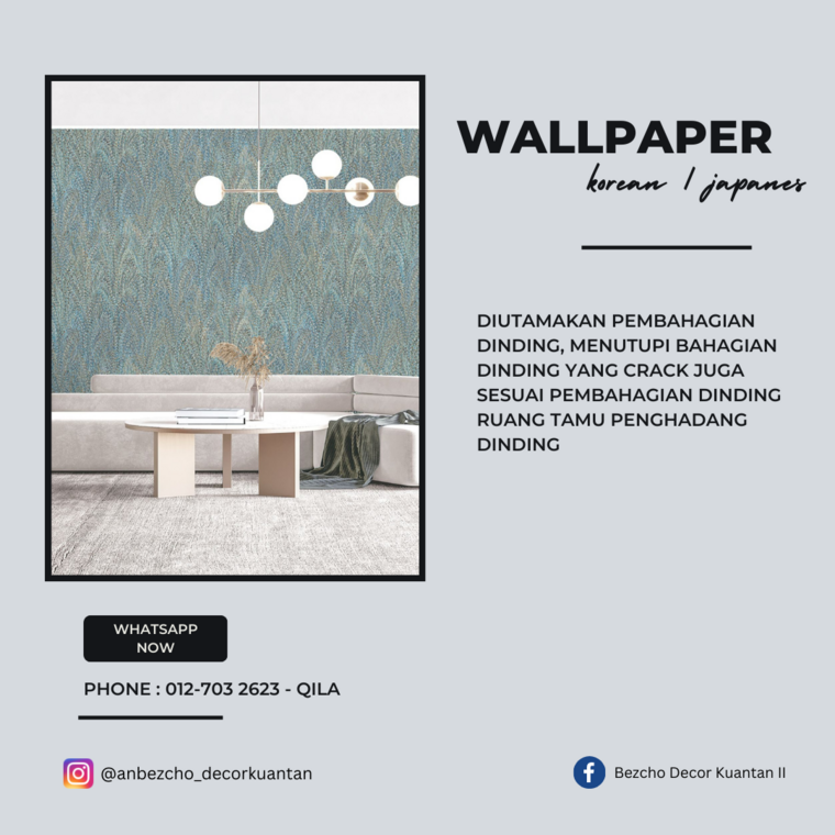 Elegant and contemporary, this room design by BEZCHO DECOR KUANTAN features a striking Korean wallpaper, enhancing the aesthetic appeal of the space. The texture-rich blue wallpaper serves as a dynamic backdrop to a simplistic white sofa and complementary decor pieces, creating a serene lounge area. Visit Bezcho Decor in Kuantan for bespoke interior solutions. Perfect for those seeking a blend of modernity and tranquility in their home decor.
